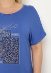 Niebieski Bawełniany T-shirt z Ozdobnym Napisem i Cyrkoniami Krisiona