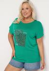 Zielony Bawełniany T-shirt z Ozdobnym Napisem i Cyrkoniami Krisiona