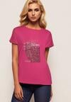 Ciemnoróżowy Bawełniany T-shirt z Ozdobnym Napisem i Cyrkoniami Krisiona