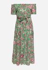 Zielona Sukienka z Hiszpańskim Dekoltem z Wiązanym Paskiem w Kwiaty z Bawełny Rissanique