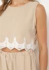 Beżowy Komplet 2-Częściowy Wykończony Koronką Top na Ramiączkach Szorty z Wysokim Stanem Giloa