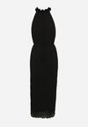 Czarna Sukienka z Ozdobnymi Aplikacjami i Dekoltem Halter z Materiałowym Paskiem Dimnatti