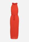 Czerwona Sukienka z Ozdobnymi Aplikacjami i Dekoltem Halter z Materiałowym Paskiem Dimnatti
