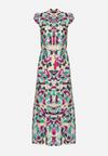 Beżowo-Fioletowa Rozkloszowana Sukienka z Materiałowym Paskiem w Talii i Wiązanym Dekoltem Dimorri
