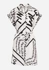 Biało-Czarna Koszulowa Sukienka z Materiałowym Paskiem w Talii i Ozdobnymi Napisami Gareta