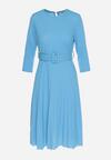 Niebieska Sukienka Plisowana z Paskiem Gonge
