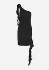 Czarna Asymetryczna Sukienka z Aplikacją 3D w Kształcie Kwiatu z Marszczeniem i Trenem Ecadia