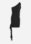 Czarna Asymetryczna Sukienka z Aplikacją 3D w Kształcie Kwiatu z Marszczeniem i Trenem Ecadia