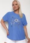 Niebieski Ażurowy T-shirt z Bawełną Ozdobiony Cyrkoniami Deviana