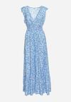 Niebieska Wiskozowa Sukienka z Gumką w Talii z Kopertowym Dekoltem i Falbankami Voaladia