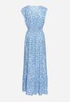 Niebieska Wiskozowa Sukienka z Gumką w Talii z Kopertowym Dekoltem i Falbankami Voaladia