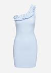 Niebieska Asymetryczna Sukienka z Bawełny Ozdobiona Falbanką przy Dekolcie Vikillis
