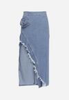 Niebieska Asymetryczna Spódnica Jeansowa z Wysokim Stanem z Kwiatem i Falbaną Queridia
