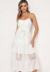 Biała Rozkloszowana Sukienka na Ramiączkach o Ażurowym Wzorze z Materiałowym Paskiem Mavidia