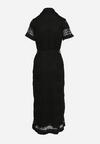 Czarna Koszulowa Sukienka na Guziki z Ażurowym Wzorem Wiązana Paskiem Klarevia