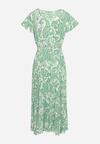 Zielona Sukienka z Kopertowym Dekoltem z Gumką w Talii i Materiałowym Paskiem Xelovia
