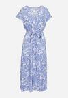 Niebieska Sukienka z Kopertowym Dekoltem z Gumką w Talii i Materiałowym Paskiem Xelovia