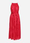 Czerwona Plisowana Sukienka na Cienkich Ramiączkach Wiązana w Talii Virsea