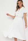 Biała Rozkloszowana Sukienka z Plisowanym Dołem Paskiem Gumką w Talii i Guzikami Nelvine