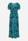 Zielono-Niebieska Kopertowa Taliowana Sukienka z Bawełny w Geometryczny Wzór z Gumką w Pasie Enelsea