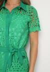 Zielona Koszulowa Sukienka z Koronkowej Tkaniny z Materiałowym Paskiem Noraly