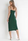 Zielona Koktajlowa Sukienka Midi z Głębokim Dekoltem na Ramiączkach Mineria
