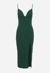 Zielona Koktajlowa Sukienka Midi z Głębokim Dekoltem na Ramiączkach Mineria