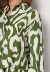 Zielono-Beżowy Komplet z Wiskozy Koszula z Długim Rękawem Szerokie Spodnie z Gumką w Talii Nelvima