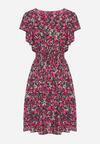 Różowo-Czarna Bawełniana Sukienka z Gumką w Talii i Dekoltem w Serek o Kwiatowym Wzorze Doradea