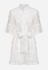Biała Rozkloszowana Sukienka o Koszulowym Kroju z Falbankami i Materiałowym Paskiem Wafea