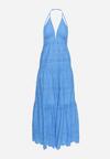Niebieska Haftowana Bawełniana Sukienka na Cienkich Regulowanych Ramiączkach Paronea