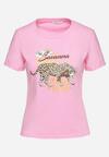 Różowy T-shirt z Bawełny z Nadrukiem Pantery Yelfea
