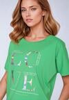 Zielony T-shirt z Bawełny Ozdobiony Metalicznym Napisem Mironea