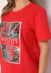 Czerwony Bawełniany T-shirt z Roślinnym Nadrukiem Relifea