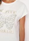 Biały Bawełniany T-shirt z Nadrukiem Motyla Ozdobionym Cyrkoniami Beonea