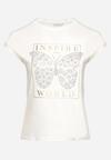 Biały Bawełniany T-shirt z Nadrukiem Motyla Ozdobionym Cyrkoniami Beonea