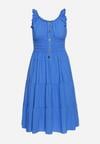 Niebieska Rozkloszowana Sukienka z Bawełny na Ramiączkach Ozdobiona Guzikami Vimalene
