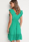 Zielona Rozkloszowana Sukienka z Bawełną i Wiskozą Wykończona Gumką w Talii z Falbanką Fesvia