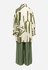 Zielono-Beżowy Wiskozowy Komplet Koszula z Dłuższym Tyłem Spodnie z Gumką w Talii Kolefia
