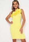 Żółta Dopasowana Koktajlowa Sukienka Prążkowana z Wiskozą na Jedno Ramię z Kwiatami 3D Welbene