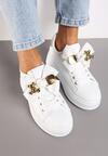 Biało-Złote Sneakersy na Platformie z Kokardką i Broszką Grivia