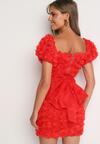 Czerwona Taliowana Koktajlowa Sukienka Hiszpanka w Kwiaty z Wiązaniem Navirene