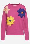 Różowy Sweter z Wiskozą Wykończony Aplikacjami Kwiatów 3D Morivia
