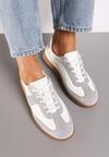 Biało-Szare Skórzane Płaskie Sneakersy Wykończone Przeszyciami Milonara
