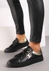 Czarno-Złote Skórzane Płaskie Sneakersy z Metaliczną Apikacją 3D Miliora