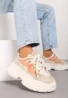 Beżowo-Pomarańczowe Sneakersy na Grubej Podeszwie z Ozdobnymi Sznurówkami i Przeszyciami Nevetiana