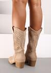 Ciemnobeżowe Ażurowe Kozaki Kowbojki na Stożkowym Obcasie Bralise