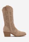 Ciemnobeżowe Ażurowe Kozaki Kowbojki na Stożkowym Obcasie Bralise