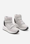 Szare Sznurowane Sneakersy na Koturnie ze Sztucznym Futrem i Metalicznymi Aplikacjami Leridras