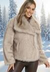 Beżowa Futrzana Kurtka z Szerokim Kołnierzem Merionnie